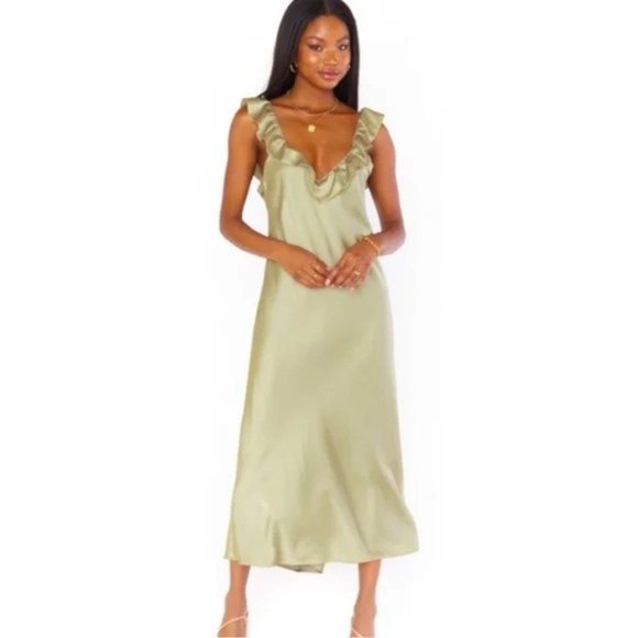 New Show Me Your Mumu Serene  Moss Green Luxe Satin Slip Dress P5166 - Picture 1 of 9